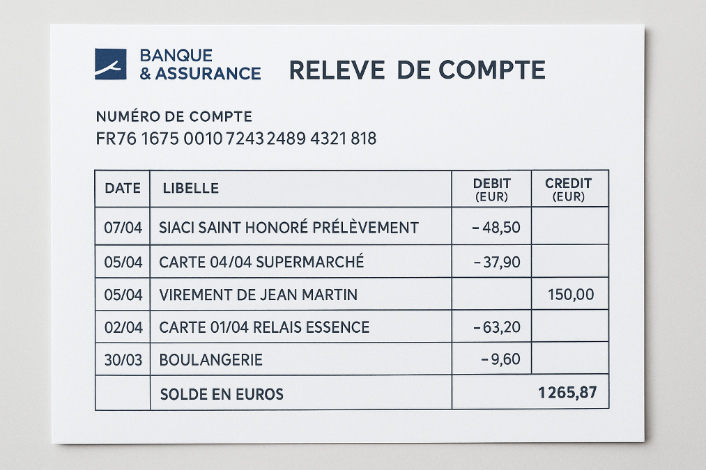 Relevé de compte bancaire français affichant un Siaci saint honore prelevement avec tableau clair et montants détaillés